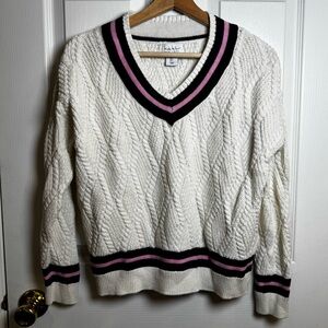 Nicole Miller NY Cable Knit V-Neck Varsity Sweater Cream Navy Pink Small Cotton